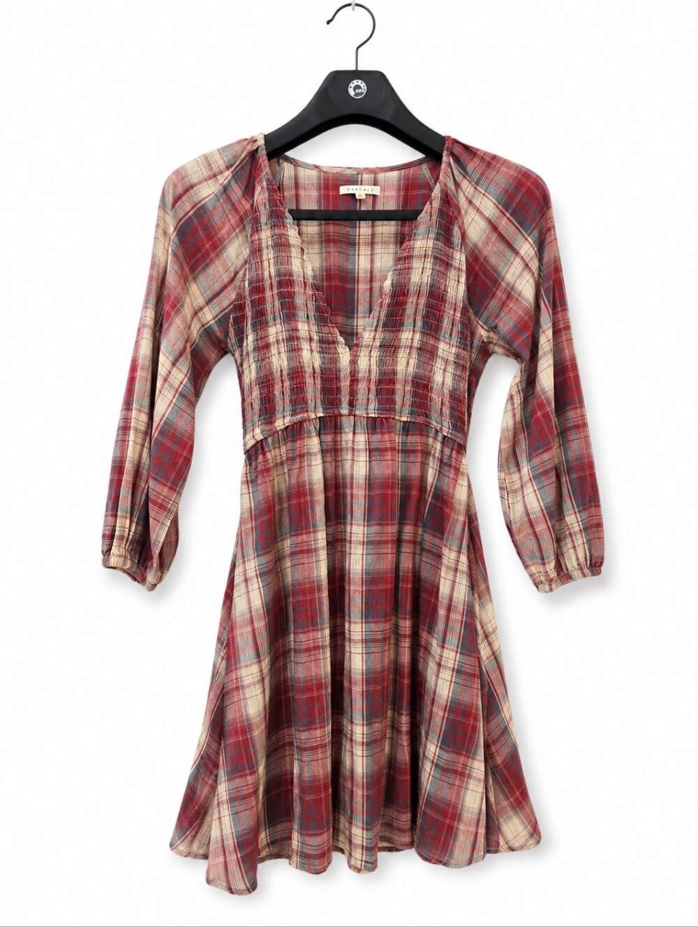 BaeVely Plaid Smocked V-Neck Mini Dress Red Cream Size S